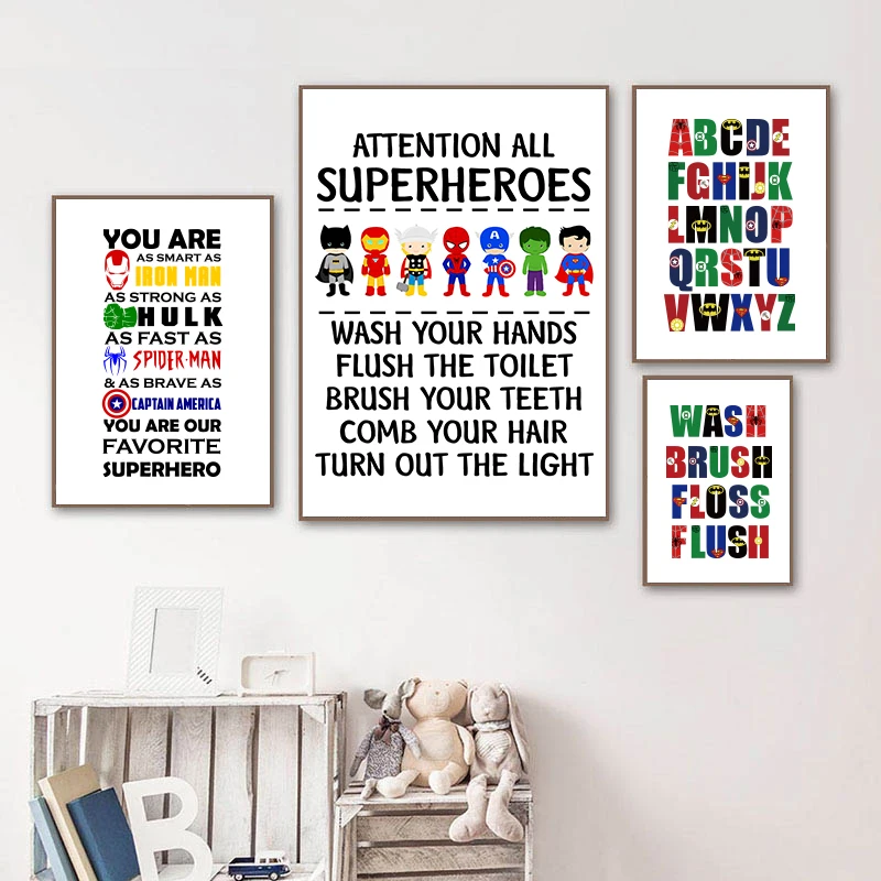 Superheroes Alphabet Print Boys Room Wall Decor, Wash Brush Flush Canvas Painting Bathroom Sign Kids Avengers Art Poster