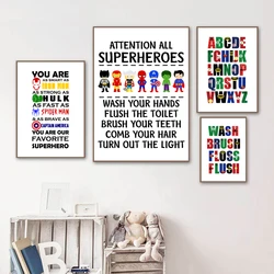 Superheroes Alphabet Print Boys Room Wall Decor, Wash Brush Flush Canvas Painting Bathroom Sign Kids Avengers Art Poster