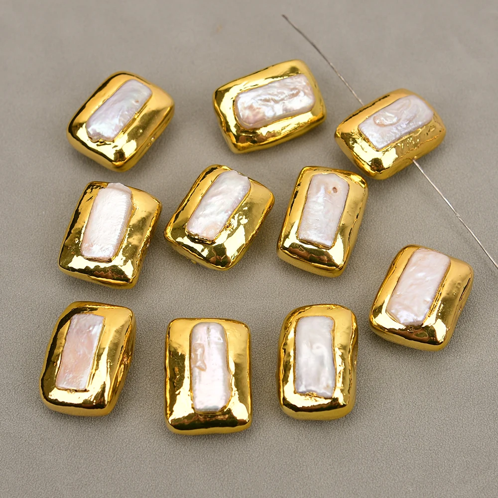 APDGG 10 Pcs Natural White Rectangular Pearl Gold Plated Big Loose Spacer Beads For Necklace Jewelry Findings DIY