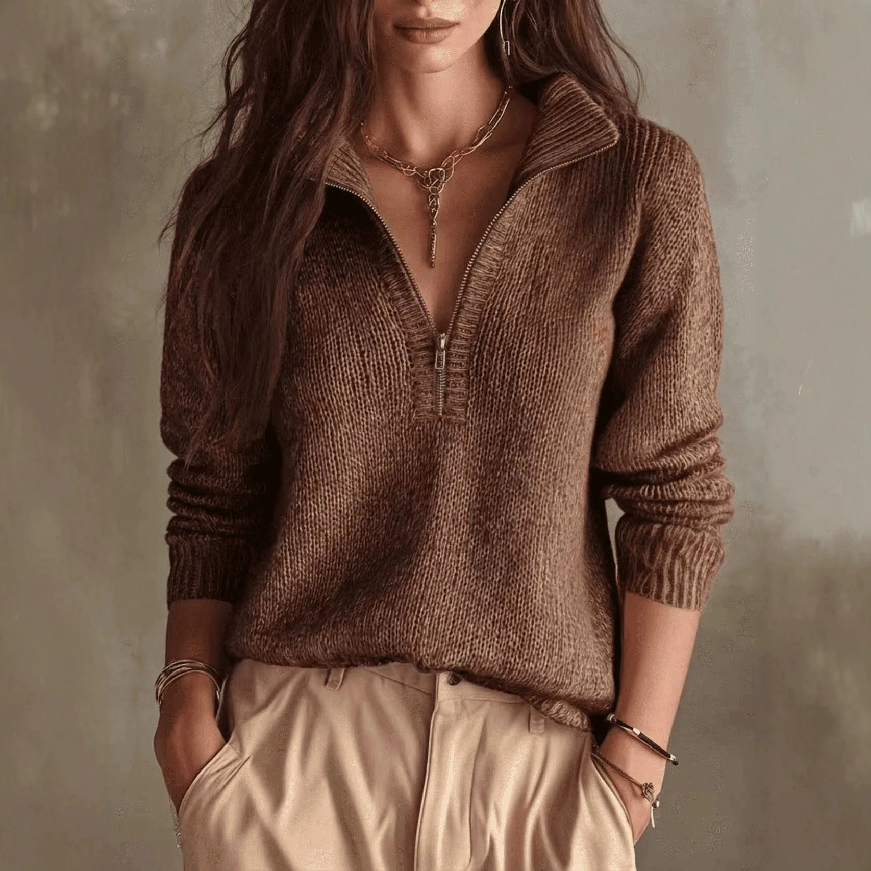 Women Fashion Half Zip Collar Knit Pullovers Sweater Stand Collar Long Sleeve Sweater Autumn Winter Solid Daily Clothing Tops 4