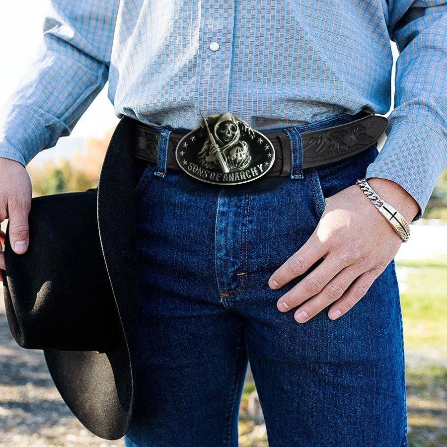 Western Men's Denim Belt Retro Belt Skull Sickle Belt Buckle Hip-Hop Personality Retro Style Unisex Matching Jeans/Casual Pants