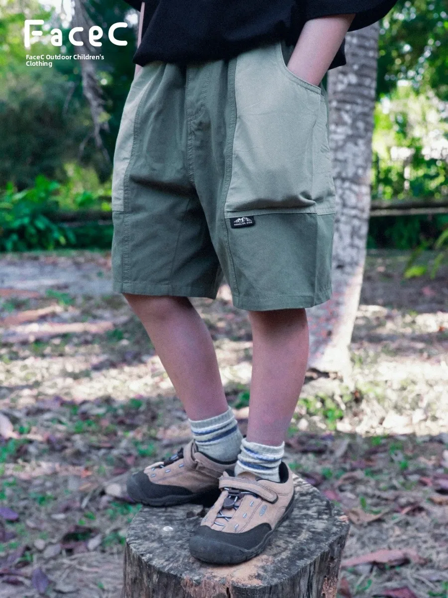 Facec Summer New Style Retro Washed Cotton Shorts for Boys Outdoor Clothing Middle And Large Children Color Block Mountain Sy...