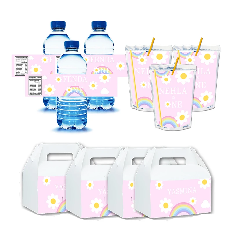Pegatina personalizada de margaritas y flores Caprisun, bolsa de regalo, etiquetas de jugo, patatas fritas, cubierta de dulces, barra de Chocolate, decoración de cumpleaños de arcoíris Pastel