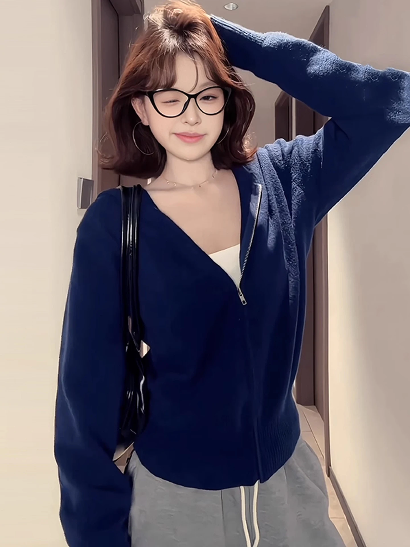 Chic Vintage Women's Zipper Knitted ort Sweater Coat Loose Fit Autumn Winter Casual Top Lazin Sle Blue een Color