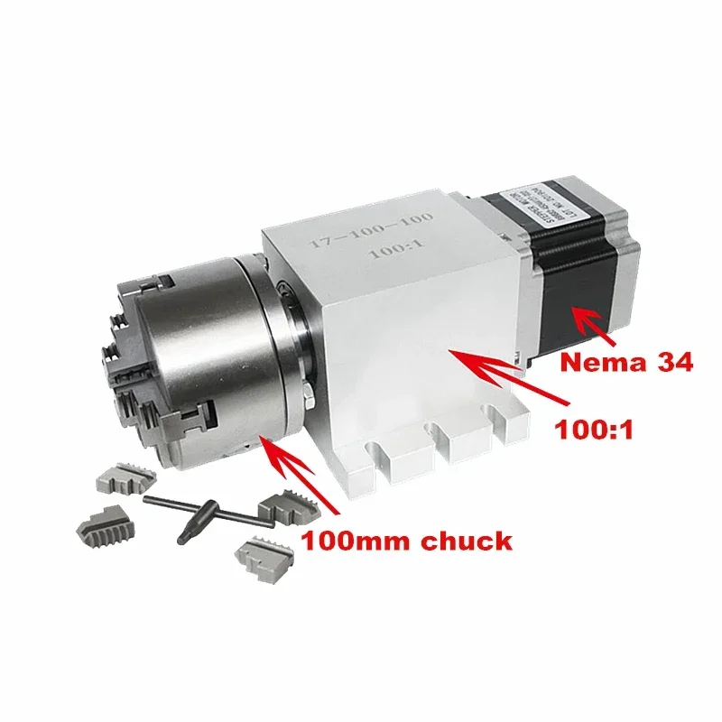 Harmonic Drive ลด 3 4 Jaw 100mm Chuck CNC 4th แกนแกนหมุนความเร็วลดอัตราส่วน 100:1 สําหรับเครื่องมิลลิ่ง