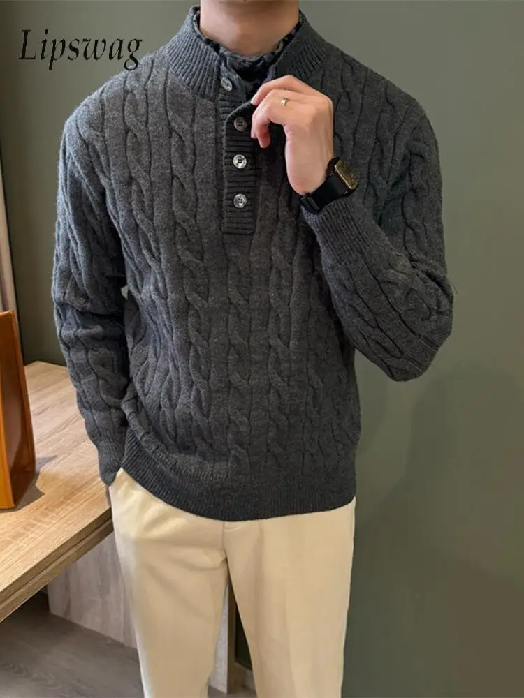 Fall Winter Casual Knit Polo Shirts Men Fashionable Henley Collar Long Sleeve Shirt Vintage Fake Two Piece Design Knitting Shirt