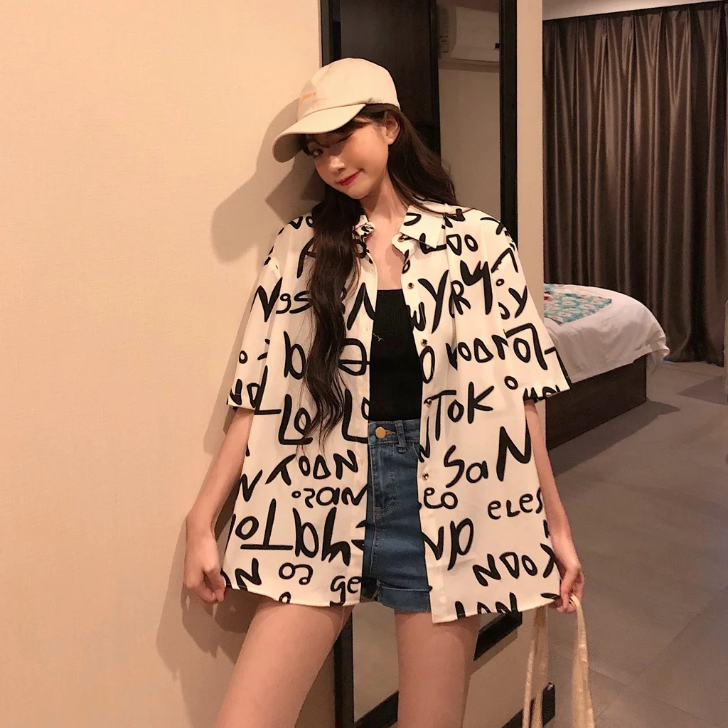 Women\'s Fashion Casual Loose Short Sleeve Shirt New Summer Retro Hong Kong Style T-shirt Hip Hop Alphabet Print Shirt Half Sleev