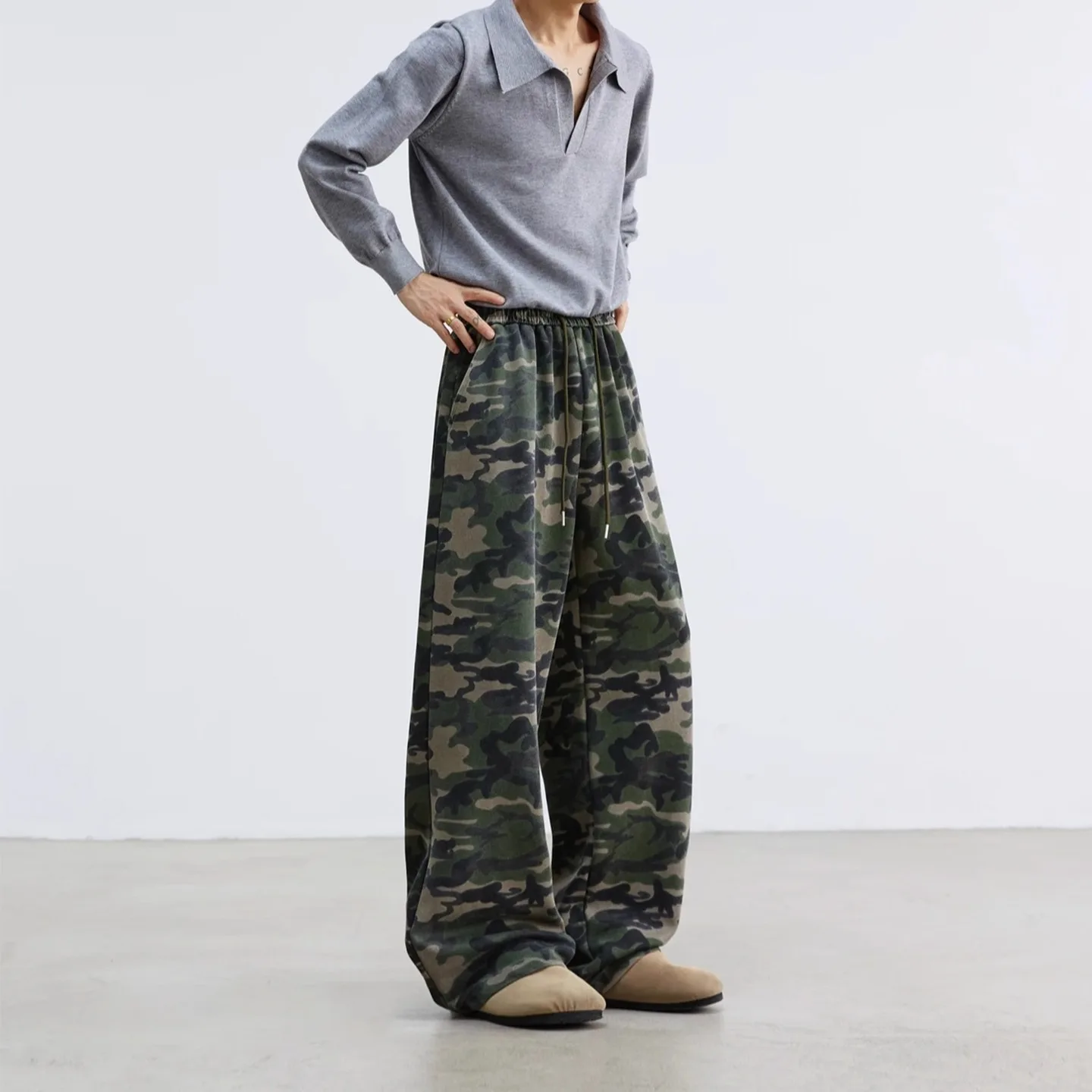

American retro heavyweight camouflage sweatpants for men and women in autumn, new washed loose straight leg wide leg casual pant