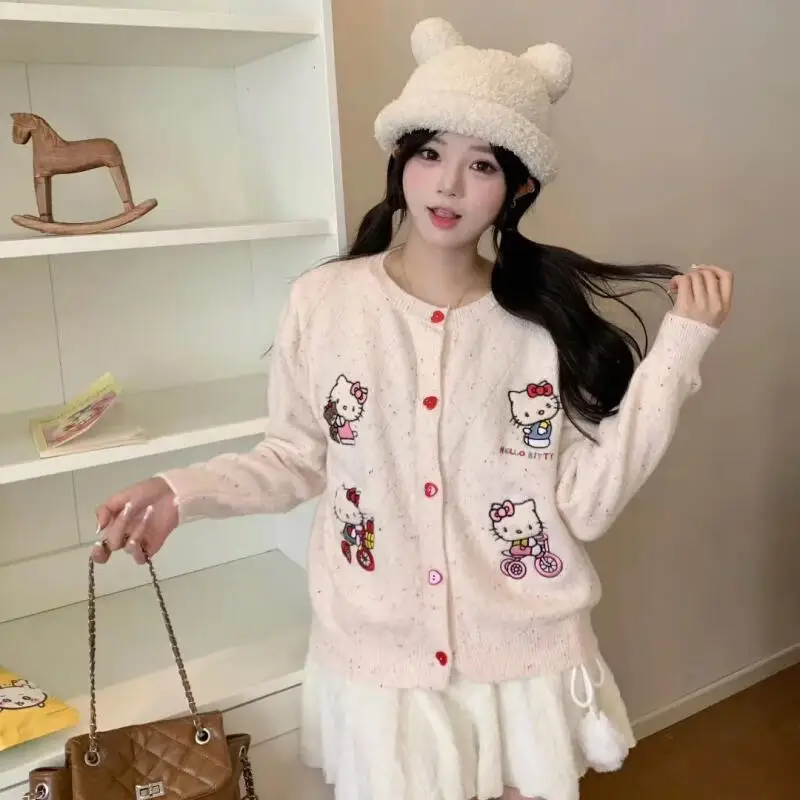 เสื้อคาร์ดิแกนถักไหมพรมลายการ์ตูนซานริโอ้ สไตล์น่ารักหวานๆ ลายเฮลโลคิตตี้  แบบหลวมๆ