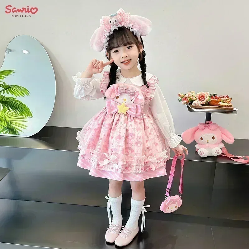 Sanrio My Melody Kuromi vestido manga curta para meninas, saia fofa solta, roupas casuais, fantasia de princesa, presentes de aniversário e Halloween