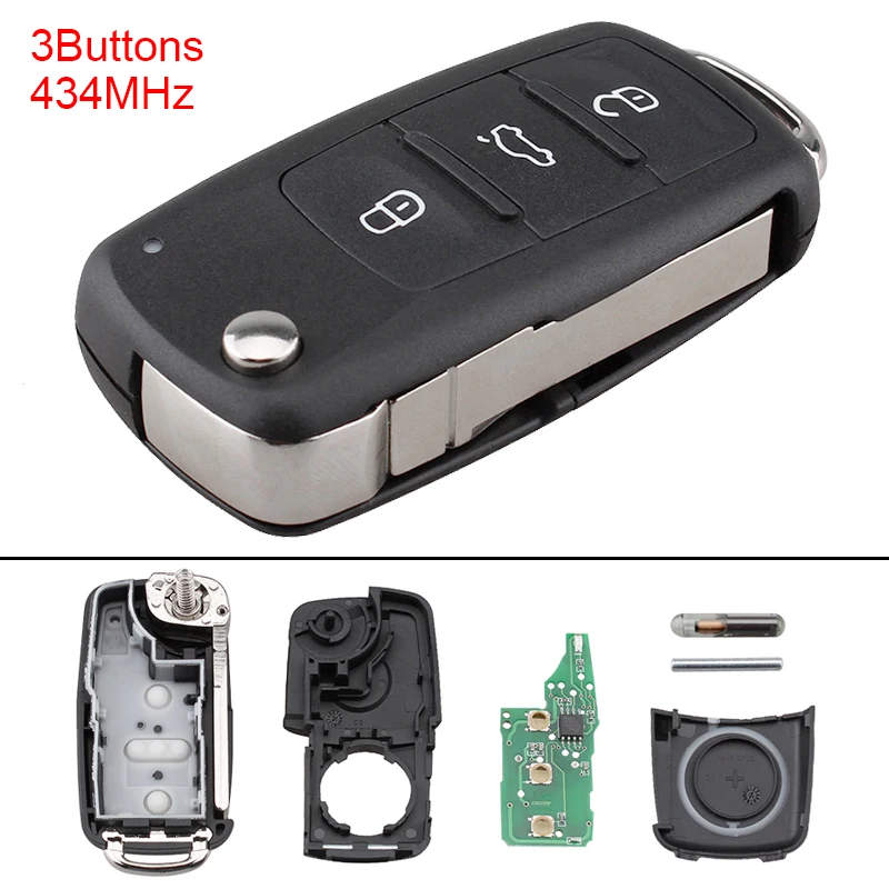 434MHz 3 Buttons Keyless Uncut Flip Smart Remote Key Fob with ID48 Chip 3C0959752BA Fit for Volkswagen Passat B6 3C B7 Golf