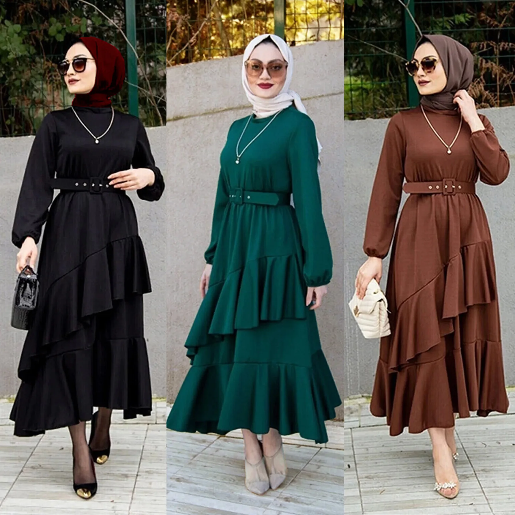 2207# Women's Türkiye Long Dress Muslim Dress Double Layer Ruffles Tunic Dress