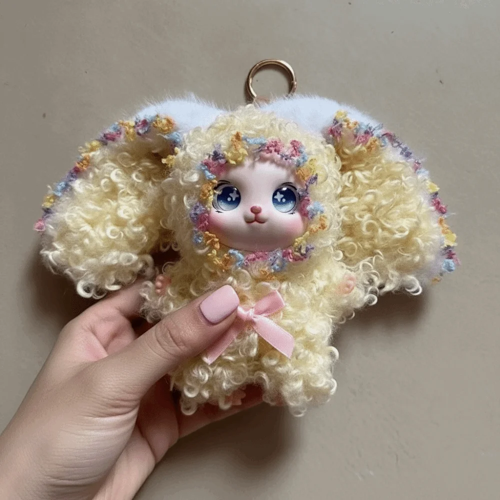 Cartoon Big Ear Curly Hair Rabbit Figures Bag Hanging Ornaments Rabbit Keychain Vinyl Collectible Bunny Pendant Car Decor