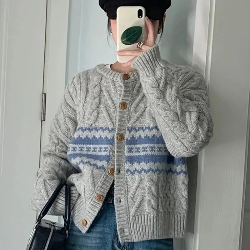 Rimocy Korean Gray Round Neck Cardigans Women Stripe Patchwork Twist Sweater Cardigan Woman Long Sleeve Knitted Coats Female