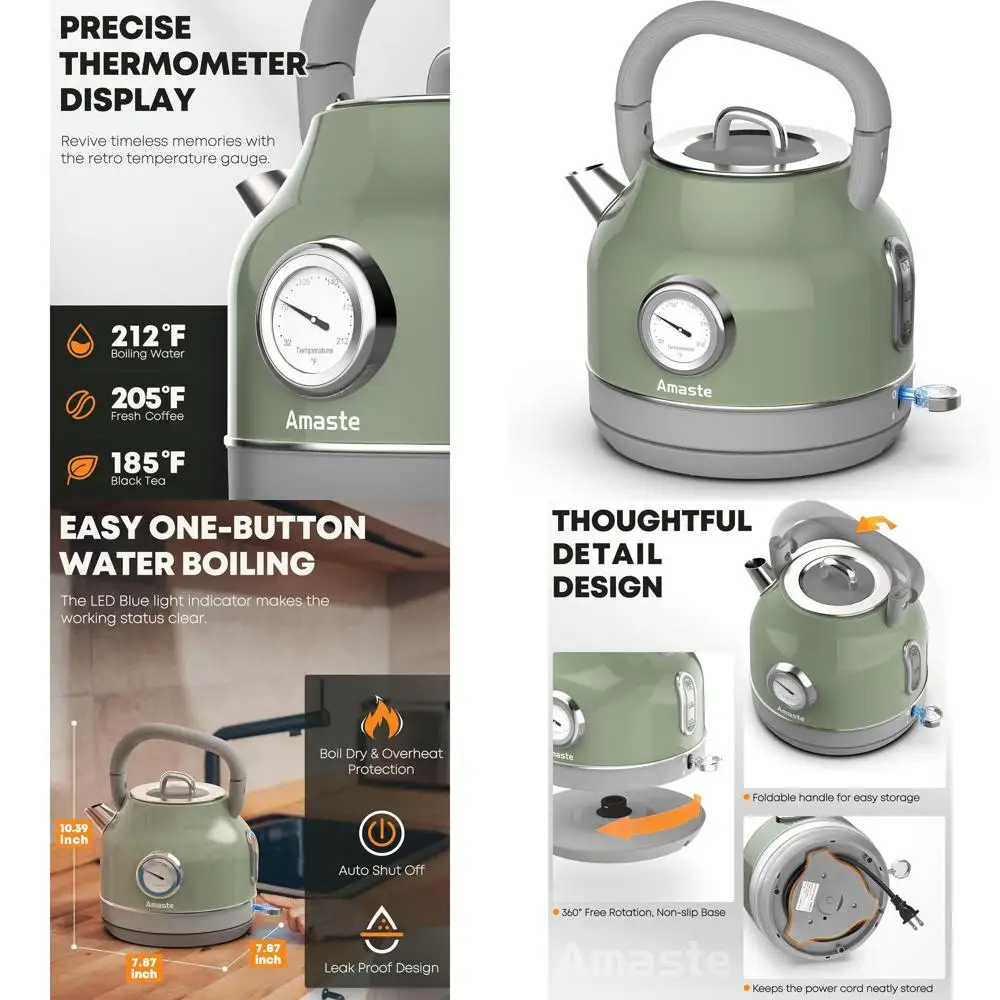 

Электрический чайник из нержавеющей стали на 57 унций в винтажном стиле с термометром, быстрым кипячением мощностью 1500 Вт, автоматическим отключением и защитой от сухого чая и кофе