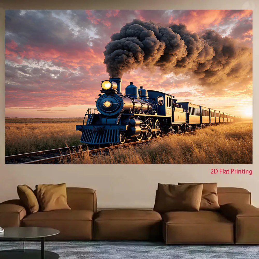 Vintage Steam Train Tapestry - Old Locomotive, Sunset Landscape, Railroad Wall Art, Retro Home Decor, Living Room Bedroom,