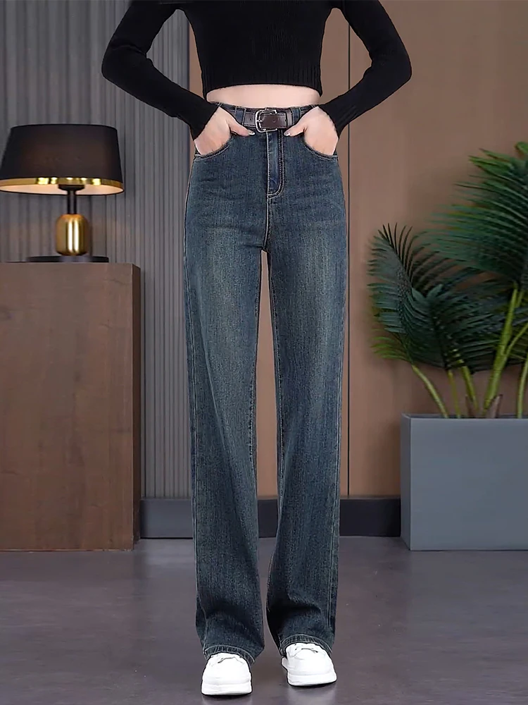 

High Waist Slim Fit Wide Leg Denim Jeans Women's Casual Pants Fleece Lined Straight Cut Trousers Korean Style Commute Fashion