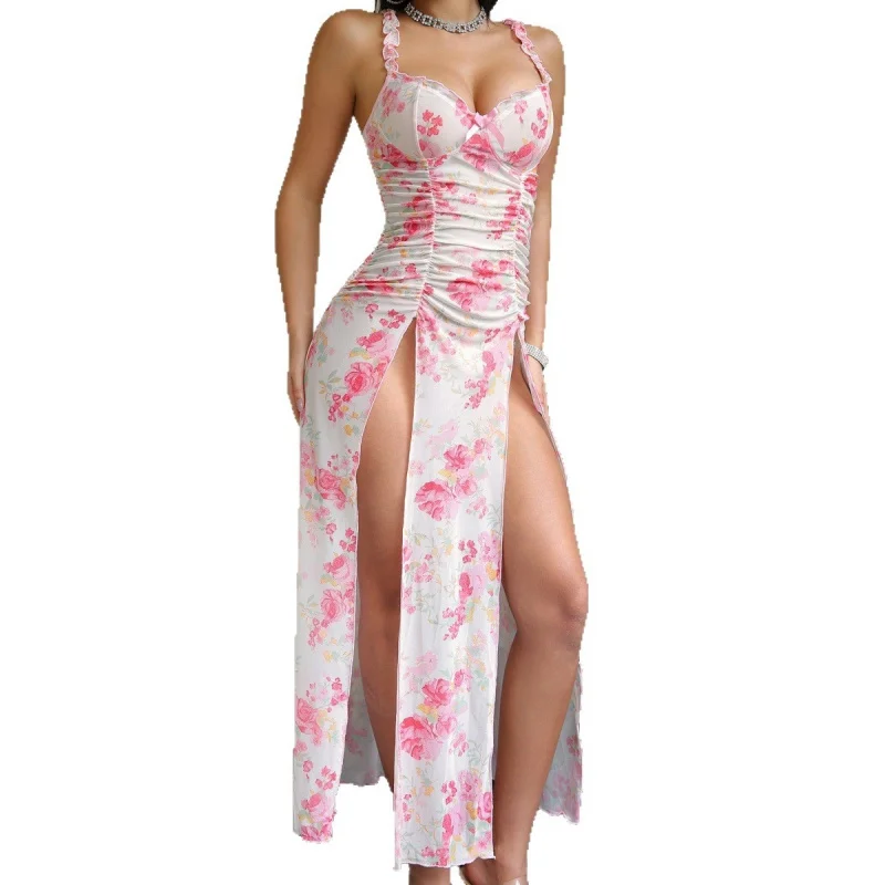 Pink Florals Double Slits Ruched Bodycon Long Gown For Women Ladies Charming Alluring Attractive Appealing Erotic Nightwear