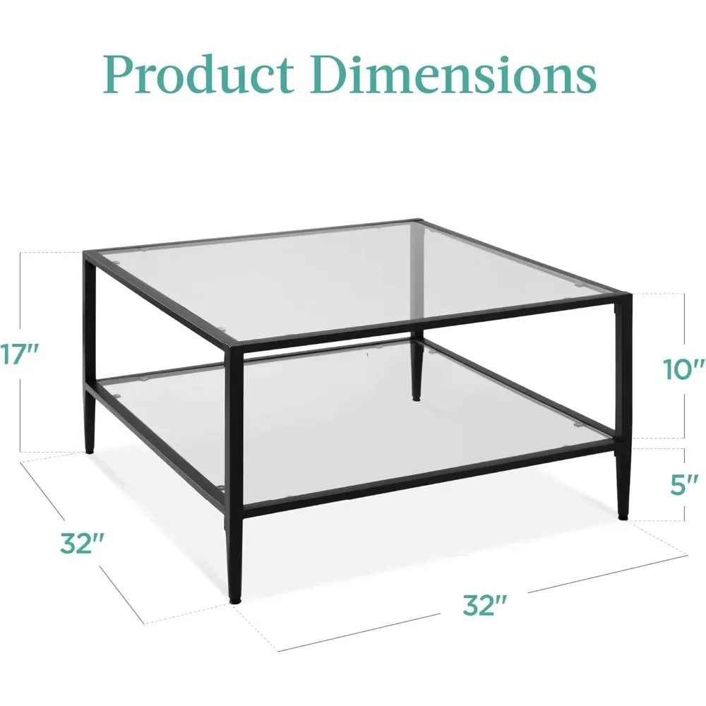 Mesa de café de vidro quadrado com armação de metal, grande 2-Tier Accent móveis, sala e quarto, vidro prateleiras, 32 polegadas