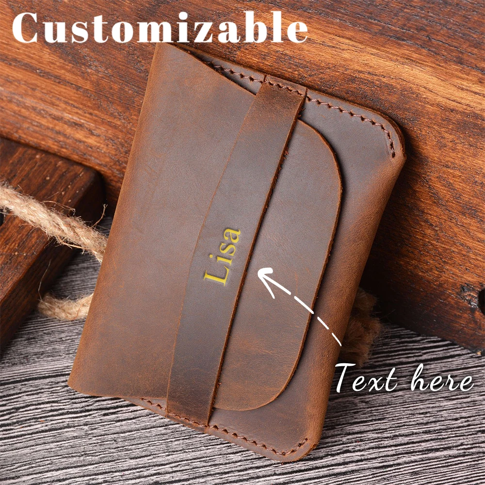 Customized Name: Simple Crazy Horse Leather Creative Retro Casual Leather Card Bag Card Holder Genuine Leather Wallet