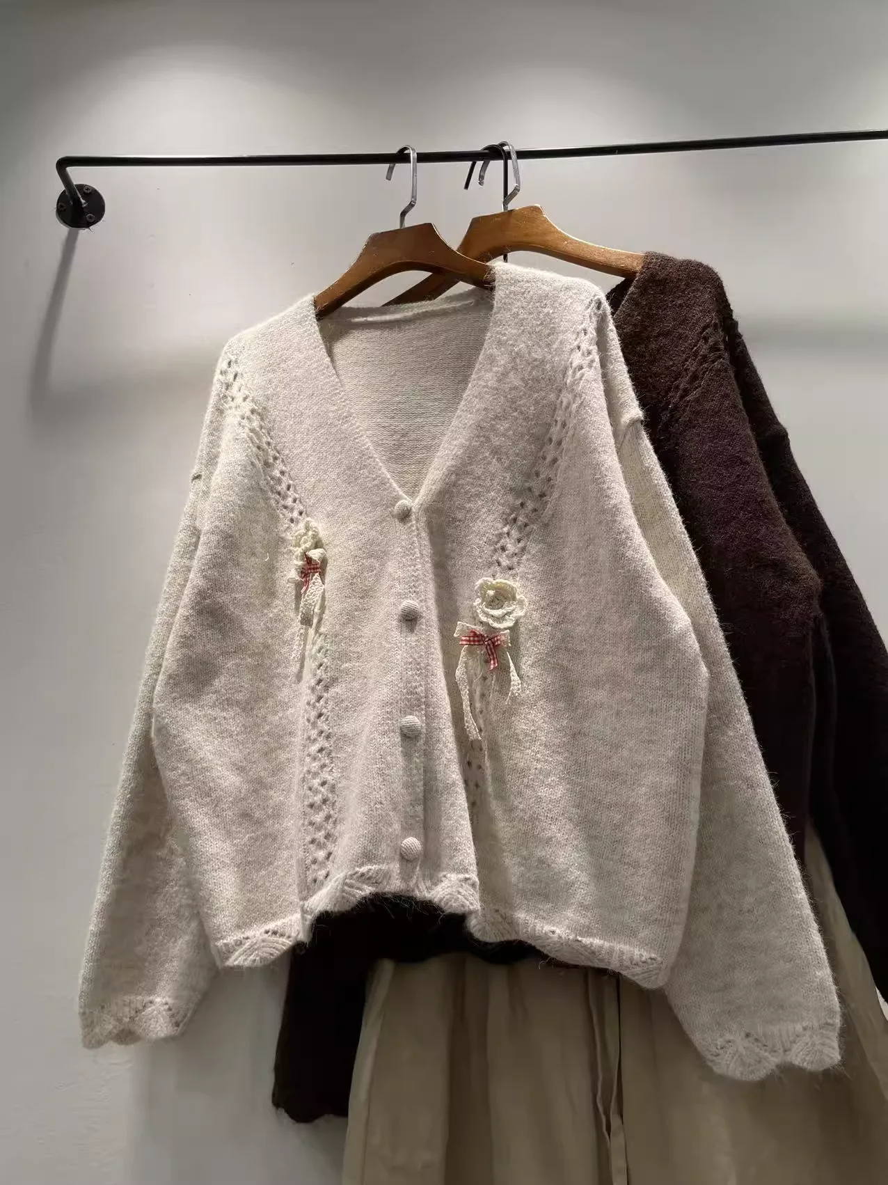 

Japanese mori girl sweater cardigan for women autumn winter handmade flower v neck cardigan thick warm knitted outwear