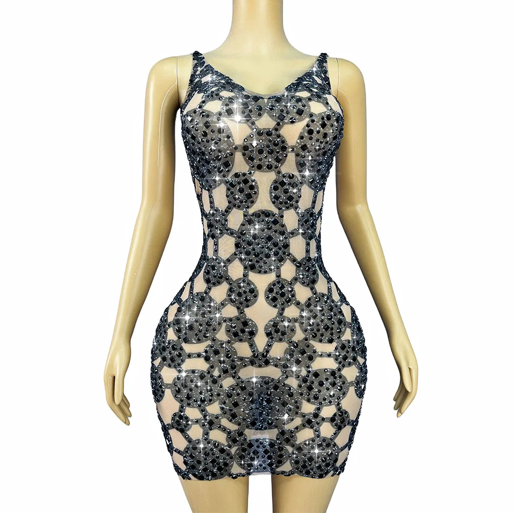 

Luxurious Shiny Black Rhinestones Sexy Transparent Mesh Trim fit Dress Evening Birthday Party Outfit Photoshoot Costume