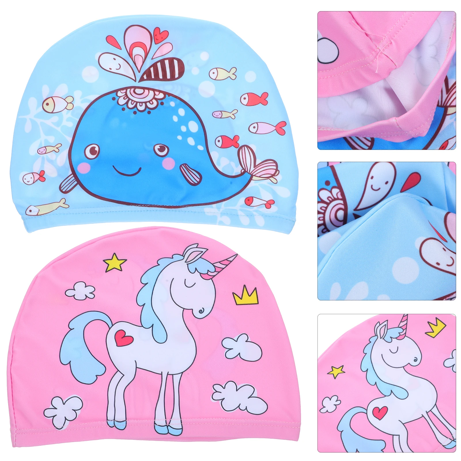 

2pcs Swim Caps Comfortable Swim Caps For Women Unisex Kids Bathing Hats Blue Whale Pink Unicorn Soft Polyester