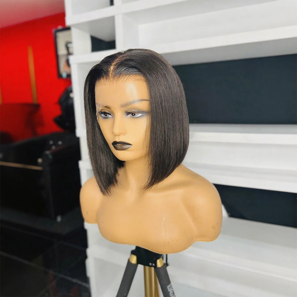 ストレートボブウィッグ人毛13x4 4x4レースフロントウィッグ200密度接着剤不要ナチュラルブラックストレートショートボブ人毛ウィッグ