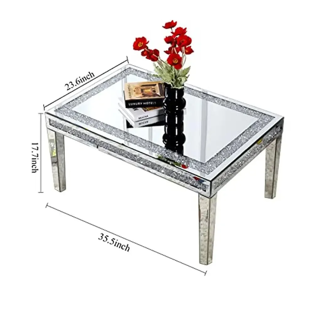 Crystal Inlay Mirrored Coffee Table 35'' Modern Contemporary Accent Side Living Room Furniture Glamorous Design Sparkling