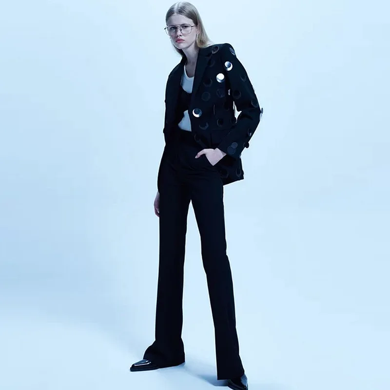 

European Fashion Top Quality Runway Sequin Beading One Button Suit Coat Women's Slim Autumn Winter Black Blazer Jacket G542