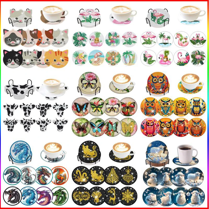 

CHENISTORY 8Pcs/Set DIY Diamond Painting Coaster Cup Mat Pad Animal Diamond Embroidery Round Coasters Placemat Home Kitchen