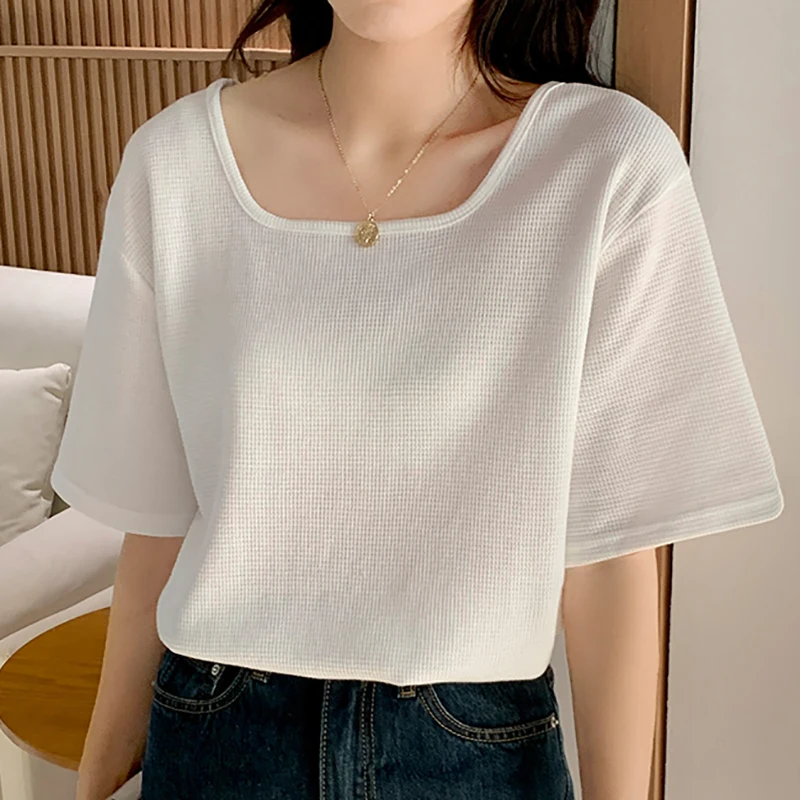 Square Collar Loose Short Sleeve T Shirt For Women Tee Shirt Femme Camisetas Korean Style Woman T-Shirts Summer Casual Clothes