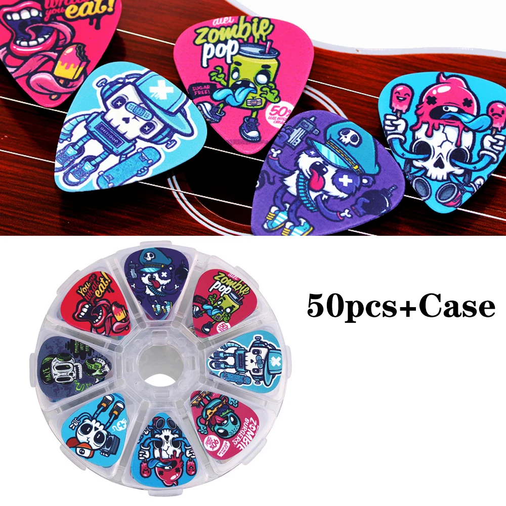 

Смешанные 0,46/0,71/1,0 мм 50 шт. медиаторы для акустической гитары, укулеле, аксессуары для скелетов с героями мультфильмов, мультяшный медиатор с чехлом