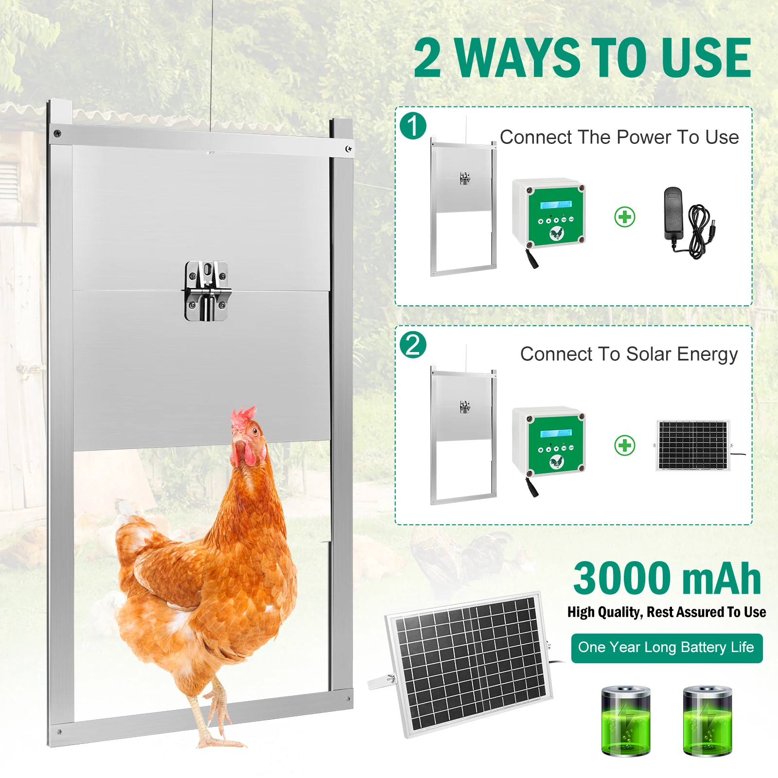 Imagem -05 - Automático Chicken Coop Abridores de Porta Controlador Lcd Screen Timer Light Sensor Solar Battery Power Poultry Flap Pull Gravity 3kg