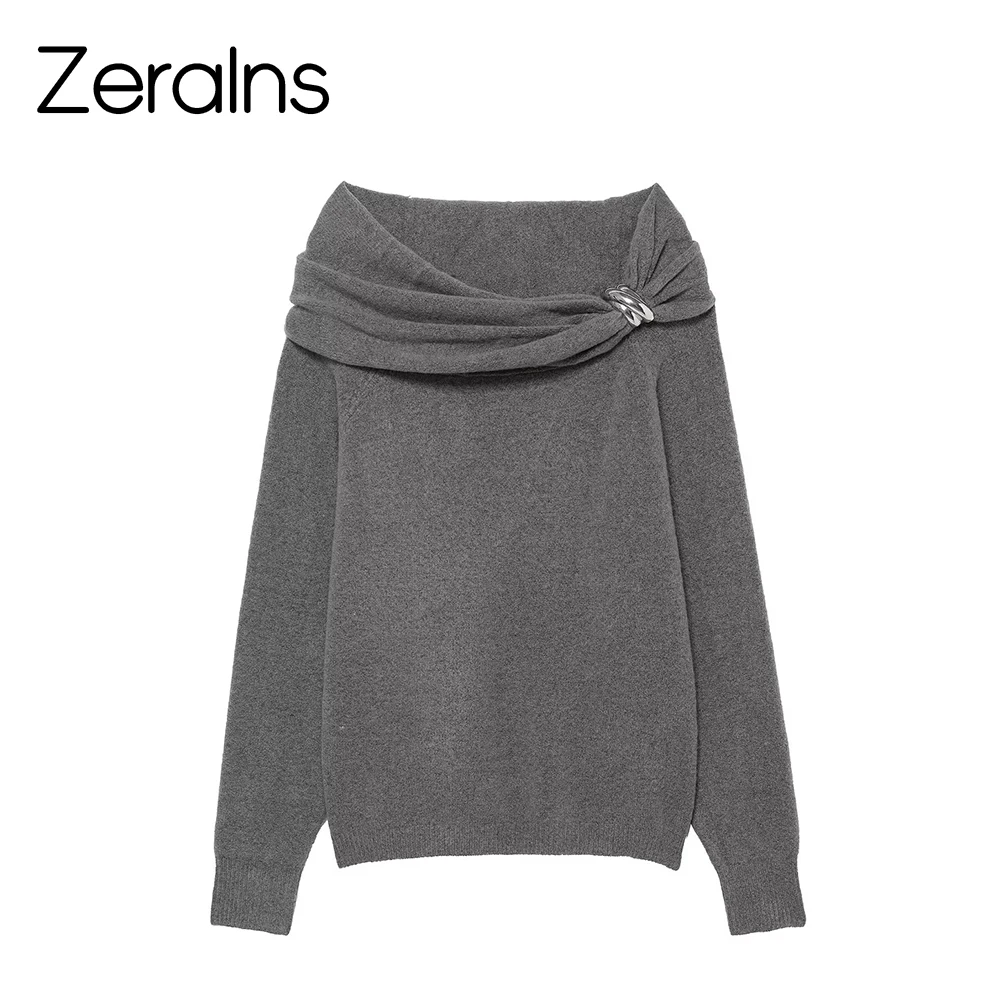 

ZERAINS European and American style women's clothing new fashion versatile metal inlaid off shoulder knitted sweater