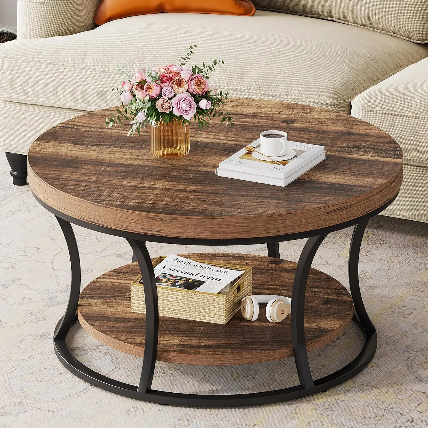 Round Coffee Table with Storage, Rustic Brown/Black, Customized