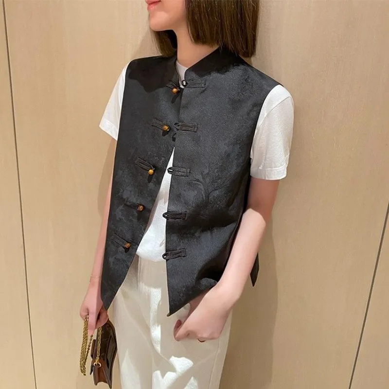 Black Vests Women Chinese Style Button Vintage Design Summer New Fashion Graceful Office Ladies Baggy All-match Simple Mature