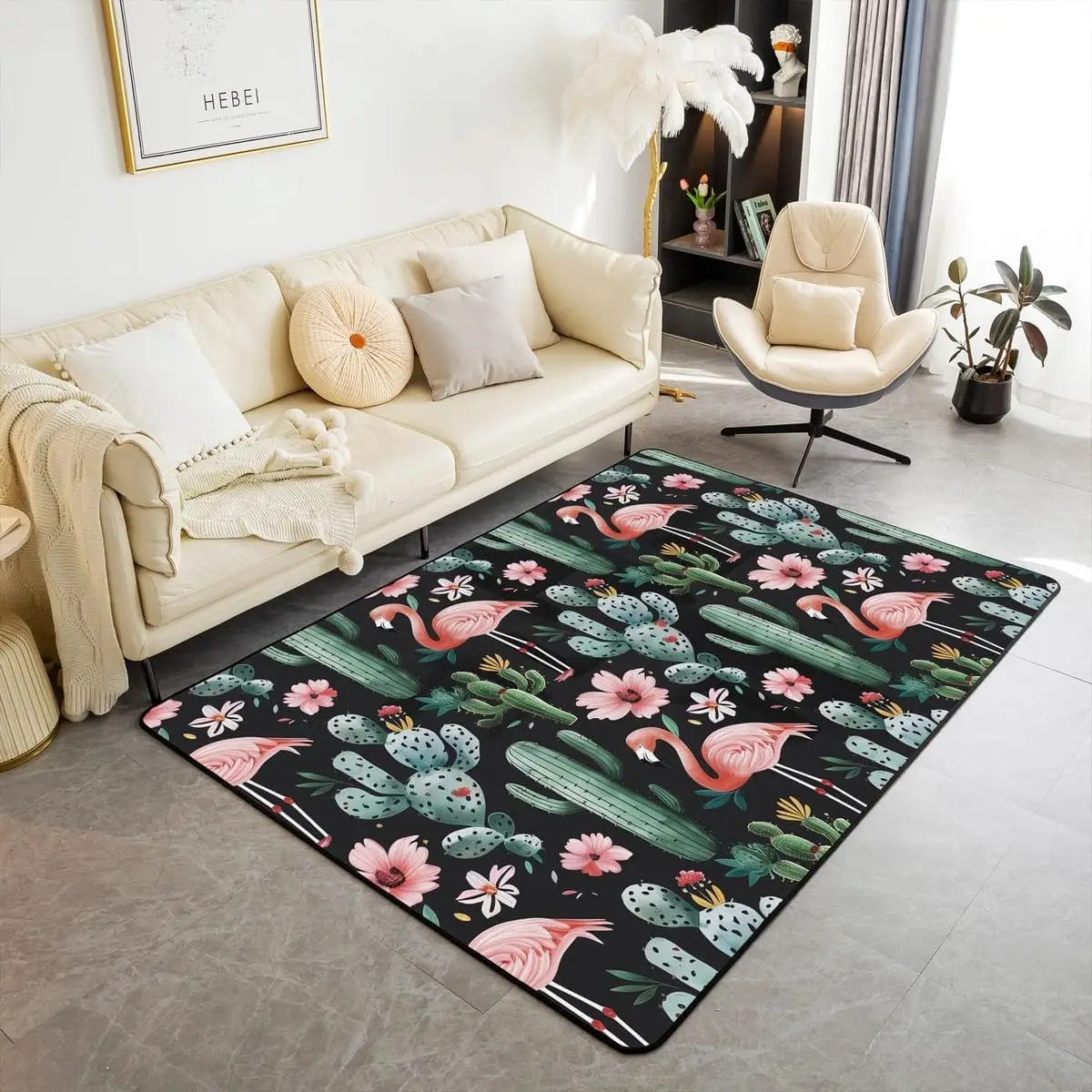 Cactus Area Rug, Flowers Desert Plant Carpet, Black Cartoon Decorative Rug, Safari Wildlife Indoor Floor Mat for Teens Adults