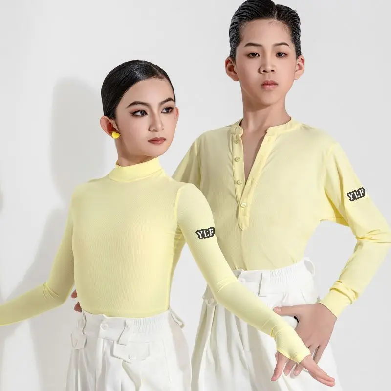 

Light yellow stand up collar girl Latin dance shirt long sleeves Boys' V-neck Handsome Modern Dance Performance Dress
