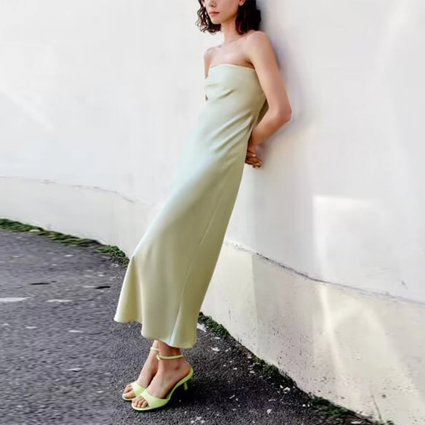 Sommer 2025, Faion-Seidensatin-Feeling, Damen-Sle-Strapl Dr, hohe Taille, A-Linien-Rock, lang, Dr, lässige Farbe