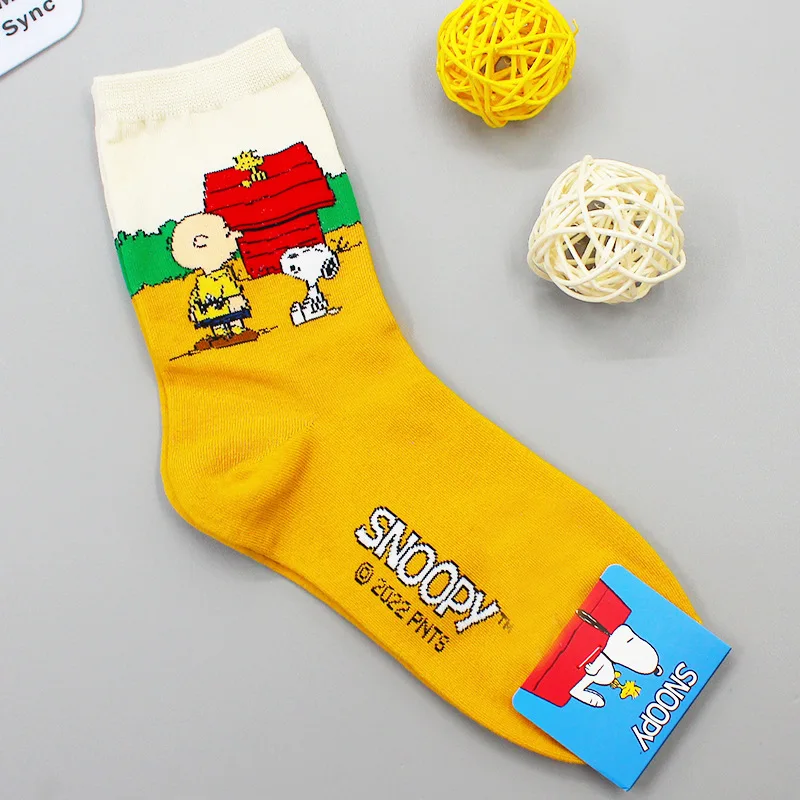 Kawaii Peanuts Snoopy Charlie calcetines de algodón de tubo medio, calcetines rectos antideslizantes, absorción del sudor, transpirables, cómodos, regalo para niñas