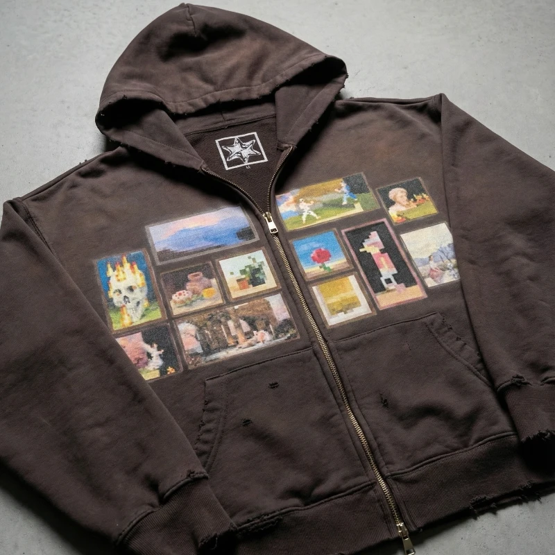Y2K Retro Brown Washed Hoodie Pixel Paint Print Gallery Zipper Sweatshirt Trendy Distressed Streetwear Unisex Oversize Clothing - Image 2