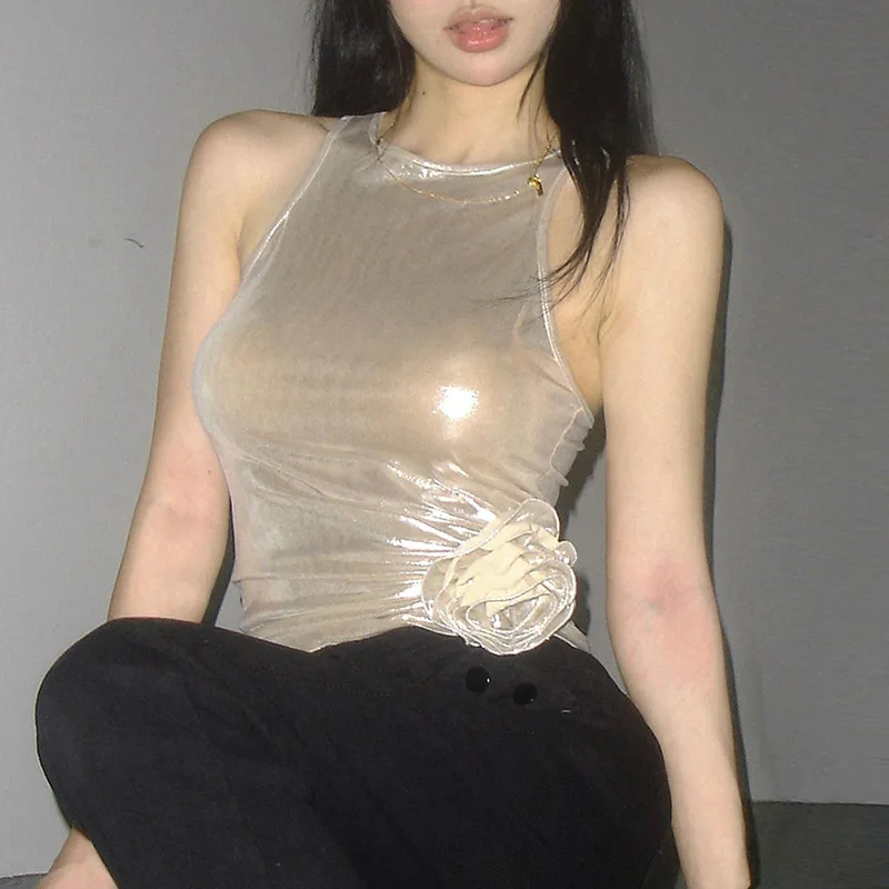 Canotta con spalle scoperte fiore moda sexy tinta unita da donna nuova estate 2023 per donna