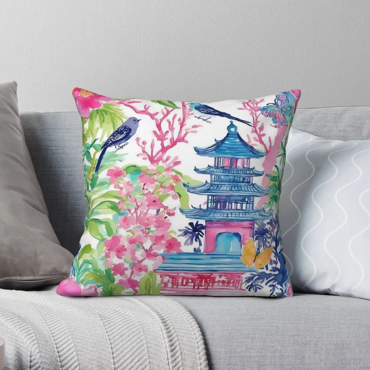 Colorful Pagodas Birds Pillowcase Polyester Linen Velvet Printed Zip Decor Car Cushion Cover 45x45