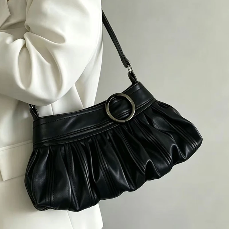 French Puffy Ruched Cloud Shoulder Bag with Ring Decor, Y2K Girls Vintage Soft PU Crossbody Bag, Versatile Commute Everyday Purs