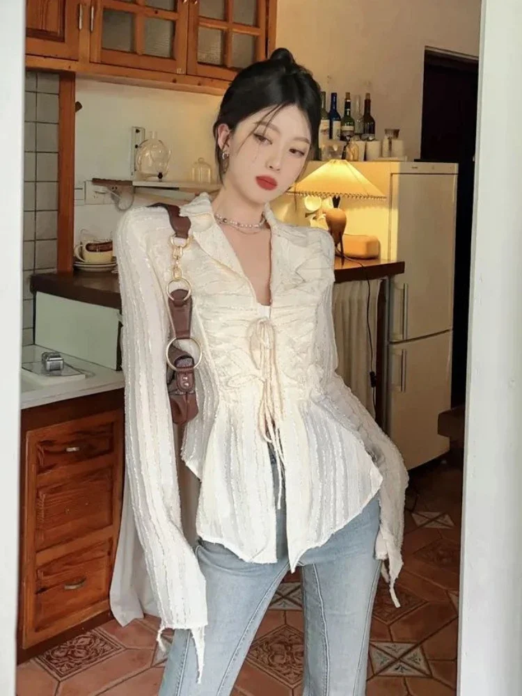 Shirts Women Korean Fashion Elegant Summer Sweet Style High Street Slim Holiday Hotsweet Lace-up Pure Irregular Design Blusas