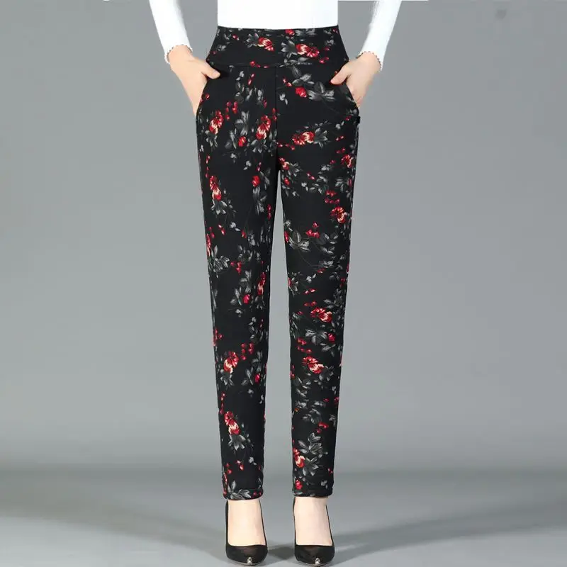 

Middle Aged Women's Plush Velvet Thickened Pencil Pant Mother's Casual Floral Printed Stretch High Waisted Floral Printed Pants