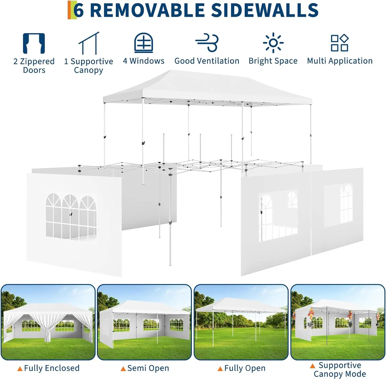 Tente à baldaquin pop-up 10x20, tentes à baldaquin commerciales robustes pour fêtes avec sac roulant, tentes 10x20 avec 6 parois latérales amovibles