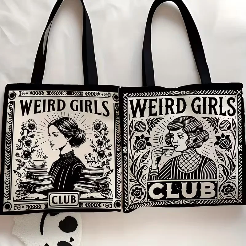 1pc Weird Girls Club Tote Bag - Vintage 1950s Retro Women'S Club Design with Floral & Geometric Patterns, Durable Polyester Groc image 4