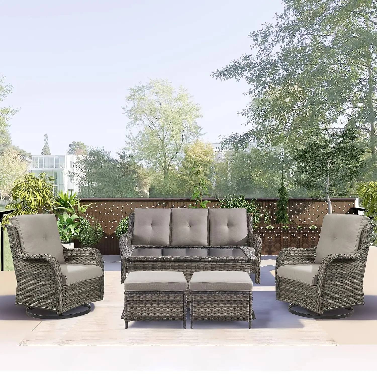 6-Piece Rattan Wicker Patio Set With Swivel Rockers, Ottomans, Sofa & Table For Porch Deck Yard, Customized